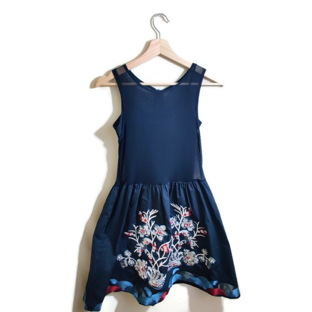 FOR ME Blue Multicolored Embroidered Design Hem Sleeveless Mesh Zip Up Dress M